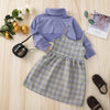 Toddler Kids Girls Solid Color High Neck Long Sleeve Top Plaid Print Suspender Dress Set - PrettyKid
