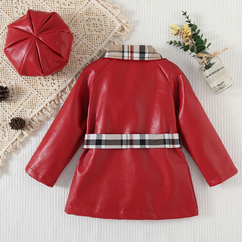 Toddler Kids Solid Color Plaid Stitching Double-breasted PU Leather Coat - PrettyKid
