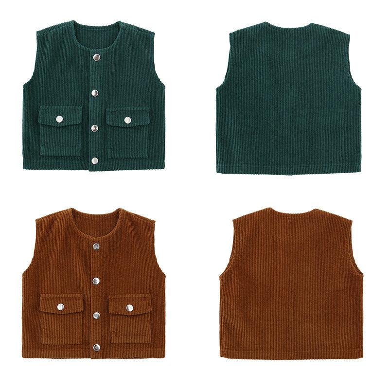 Children Boys Girls Corduroy Solid Double Pocket Vest Top - PrettyKid