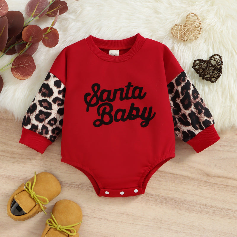 Baby Girls Solid Color Christmas Letters Stitching Leopard Print Onesie Crawl Suit - PrettyKid