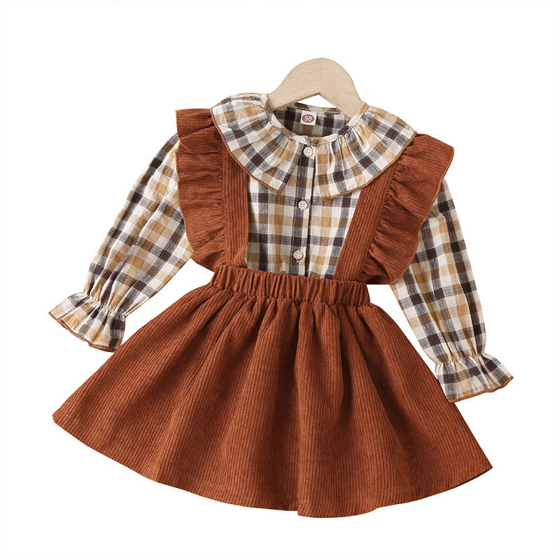 Toddler Kids Girls' Plaid Shirt Strap Skirt Set - PrettyKid