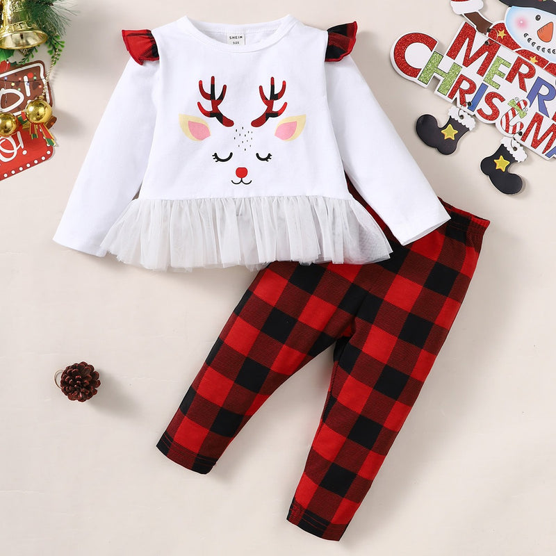 2022 Girls Cute Printed Mesh Stitched Top Plaid Pants Christmas Suit - PrettyKid
