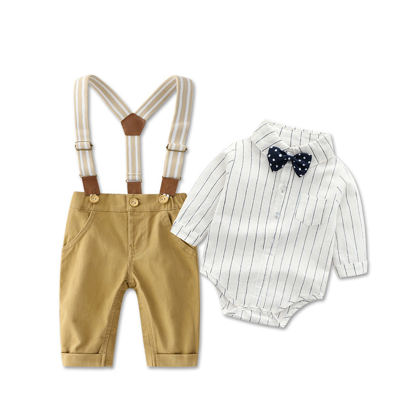 Toddler Boys Striped Long Sleeved Shirt Strap Pants Set - PrettyKid