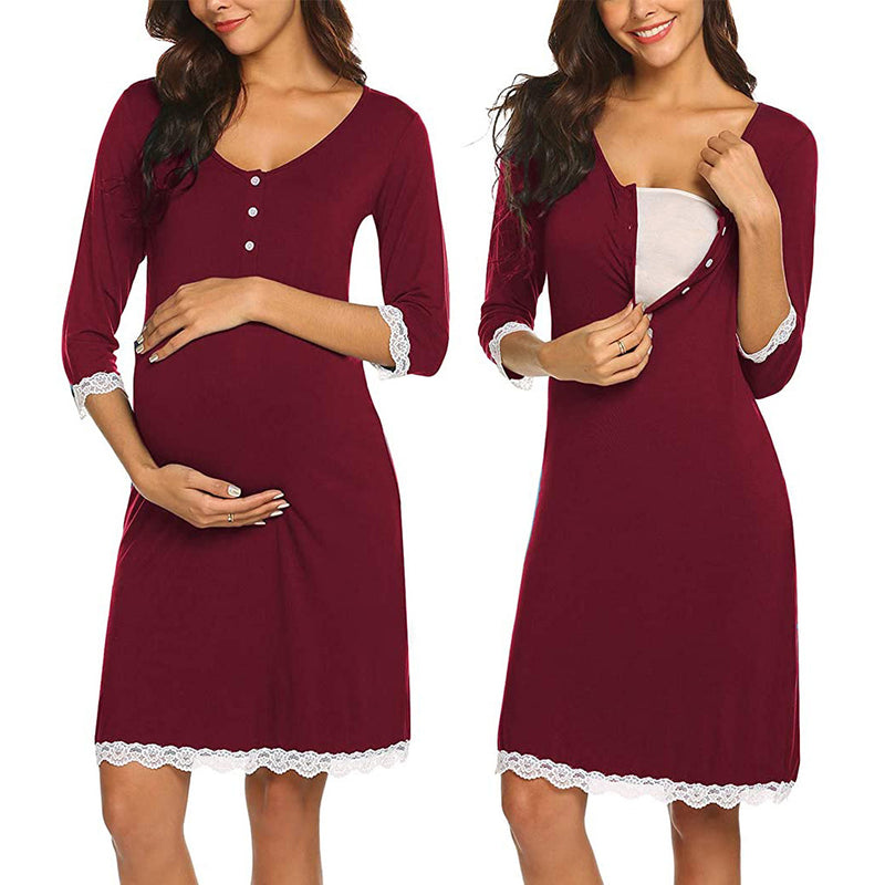 Women's Solid Color Five Point Sleeve Round Neck Dress Maternity Dress - PrettyKid