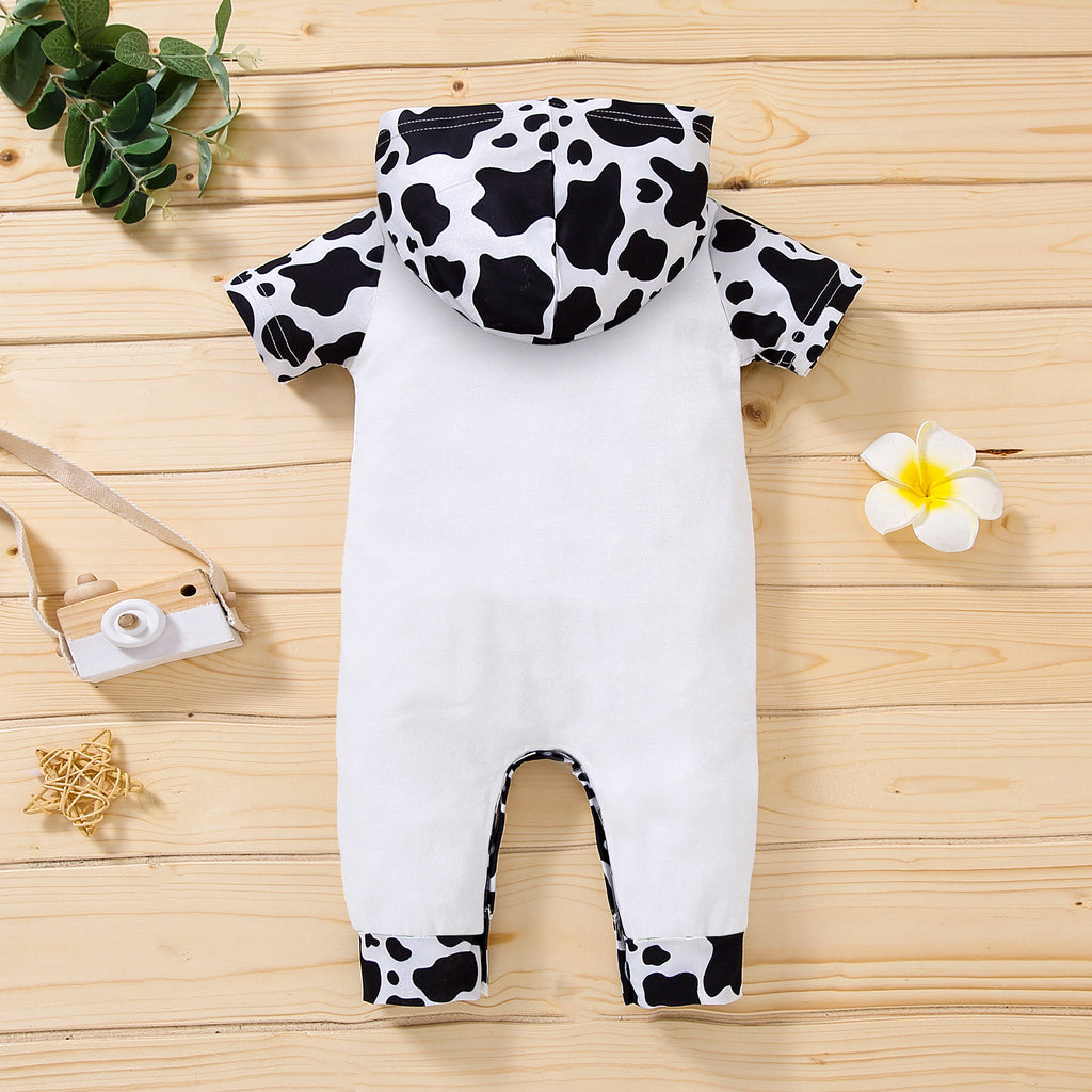 Baby Boys Girls Cartoon Cow Print Hooded Short Sleeve Jumpsuit - PrettyKid