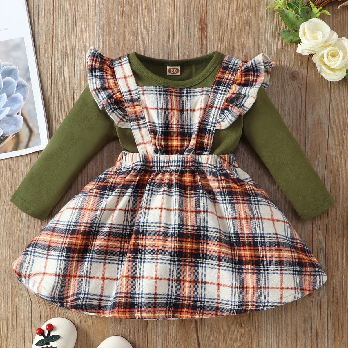 Toddler Girl Solid Color Long Sleeve Round Neck T-shirt Plaid Straps Skirt Set - PrettyKid