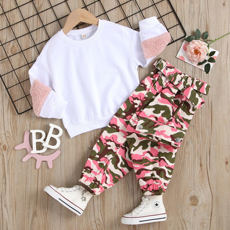 Toddler Kids Girls Solid Color Stitching Long-sleeved Round Neck Sweater Camouflage Legging Pants Set - PrettyKid