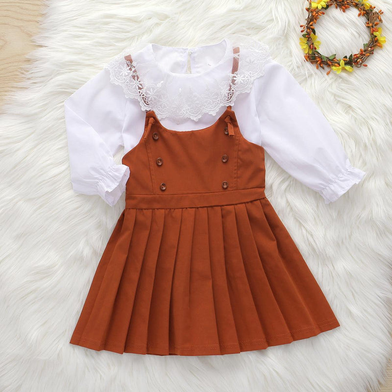 Toddler Kids Girls White Lace Shirt Pleated Suspender Dress Set - PrettyKid