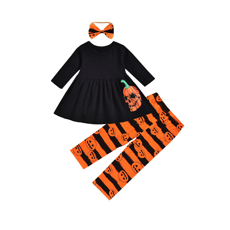 2022 Girls Halloween Skeleton Pumpkin Head Print Long-sleeved Suit - PrettyKid