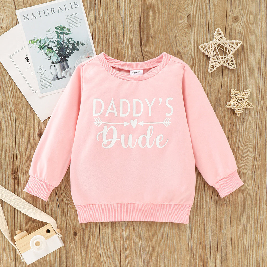Toddler Kids Girls Solid Color Letter Print Long Sleeve Round Neck Tops - PrettyKid