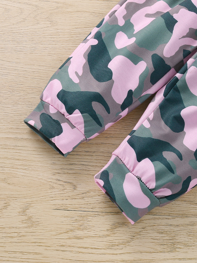 Toddler Girls Long Sleeve Pink Letter Print Camouflage Long Sleeve Hoodie Suit - PrettyKid