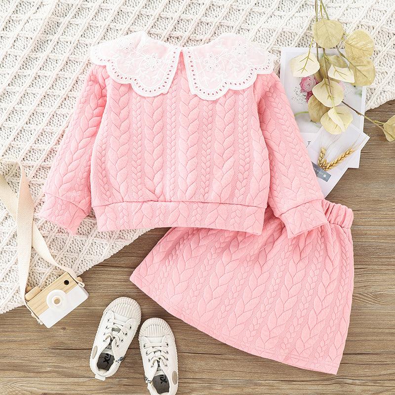 Toddler Kids Girls Doll Collar Solid Color Knitted Long-sleeved Top Half Skirt Set - PrettyKid