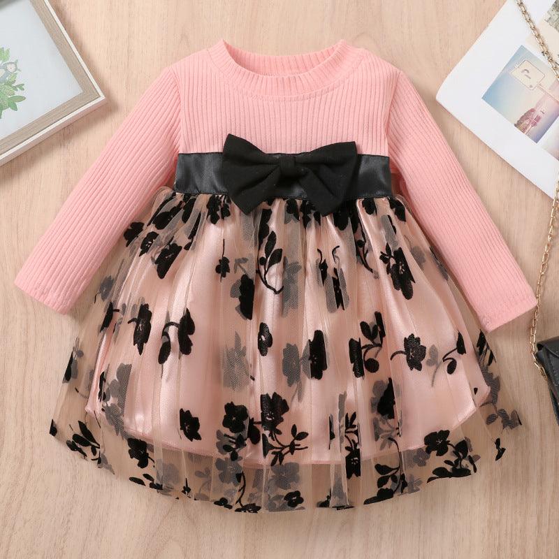 Toddler Girl's Solid Color Round Neck Long Sleeve Black Rose Mesh Princess Dress - PrettyKid