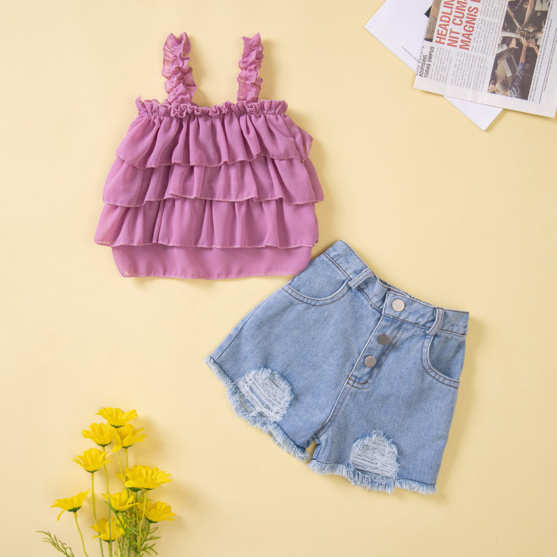 Summer New Children's Loose Top with Suspender+two Pieces of Torn Denim Shorts - PrettyKid