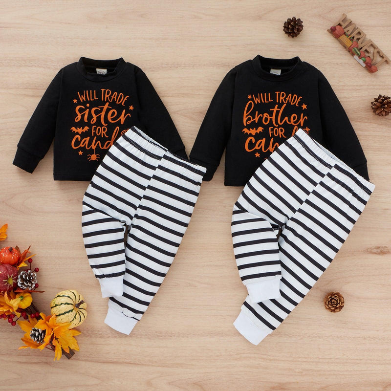 Toddler Kids Solid Letter Print Top Stripe Pants Set - PrettyKid