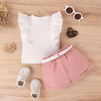 Spring and Summer Cotton Pit Strip Flying Sleeve Top Solid Color Shorts with Waist Bag Girls Suit