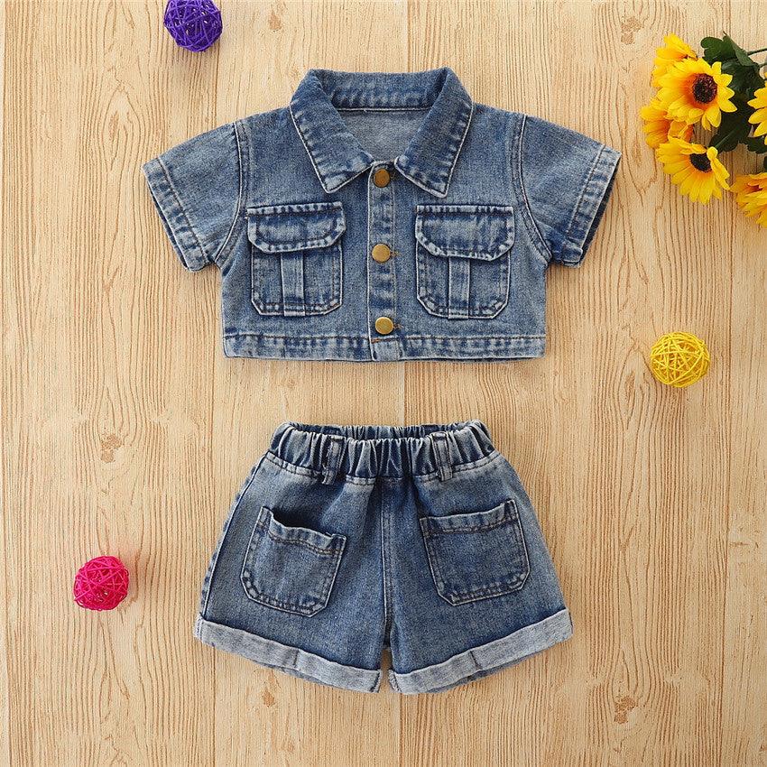 Toddler Kids Girls' Solid Denim Short Sleeve Shorts Set - PrettyKid