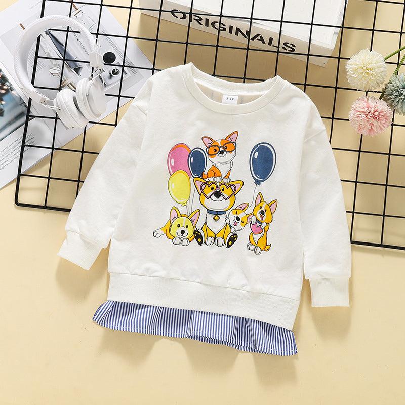 Toddler Kids Girls' Long-sleeved Solid Color Cartoon Print Stripes Splicing Round Neck Sweater - PrettyKid