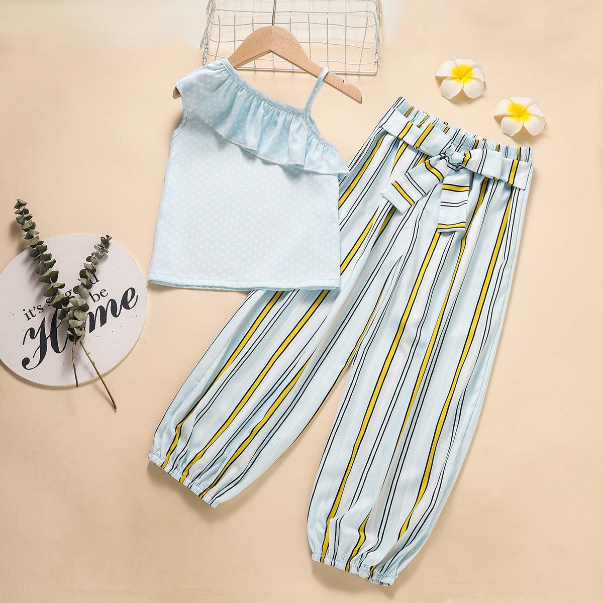 Children Girls' Wave Point Suspender Striped Pants Set - PrettyKid