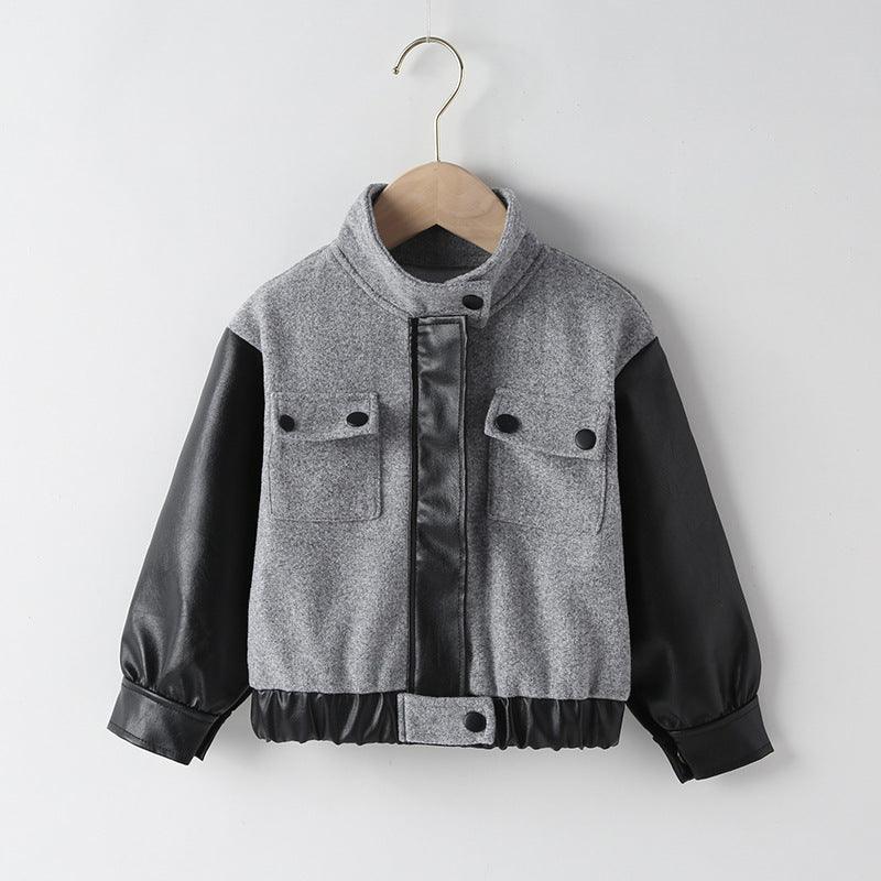 Toddler Kids Boys' Solid PU Leather Stitched Fashion Jacket - PrettyKid