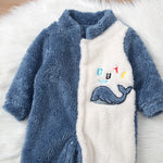 Baby Boys Cute Whale Embroidery Thickened Long-sleeved Solid Color Thickened Jumpsuit - PrettyKid