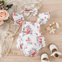 Infant Girls' Summer Printed Flying Sleeve Triangle Wrap Buttock Jumpsuit+hair Band