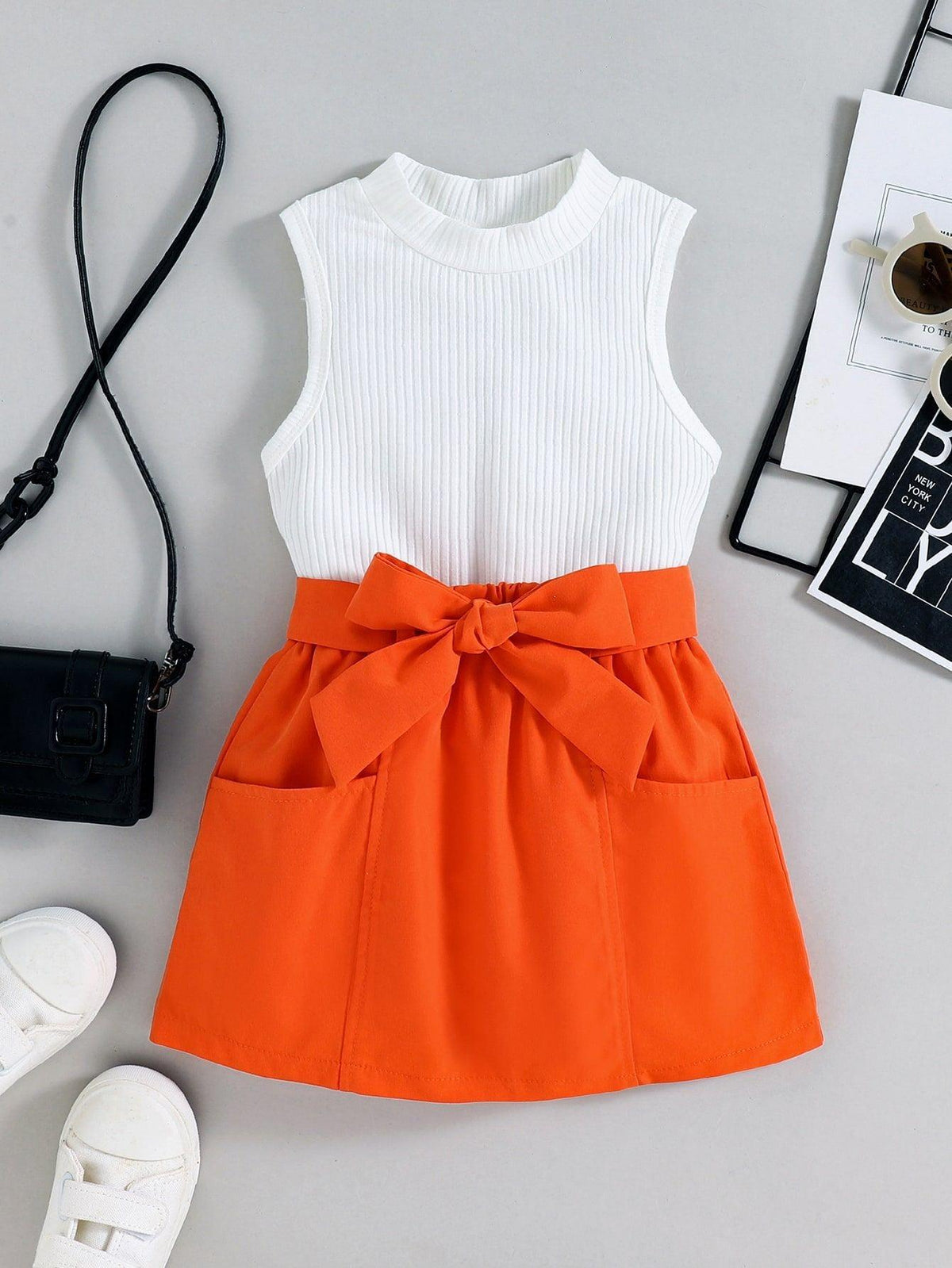 Girls' Spring and Summer Pure Cotton Vest Candy Color Strappy Skirt Two-piece Children's Suit