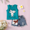 Toddler Boys Girls Solid Color Cartoon Cow Head Print Undershirt Denim Shorts Set - PrettyKid