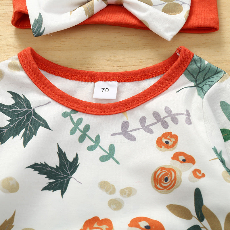 Baby Girls Maple Leaf Printed One-piece Long Sleeve One-piece Headdress Set - PrettyKid