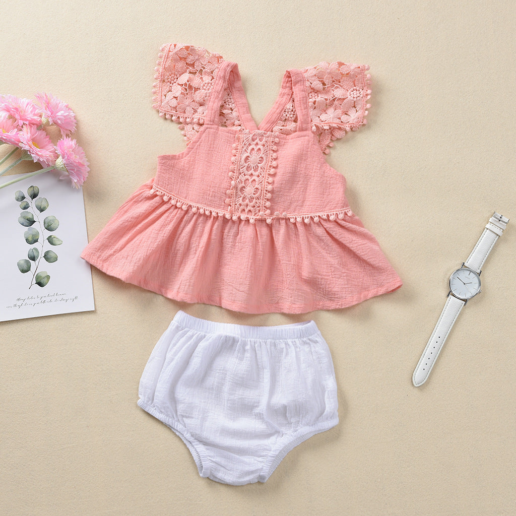 Baby Girls Summer Solid Sleeveless Hollow Lace Top Shorts Set - PrettyKid