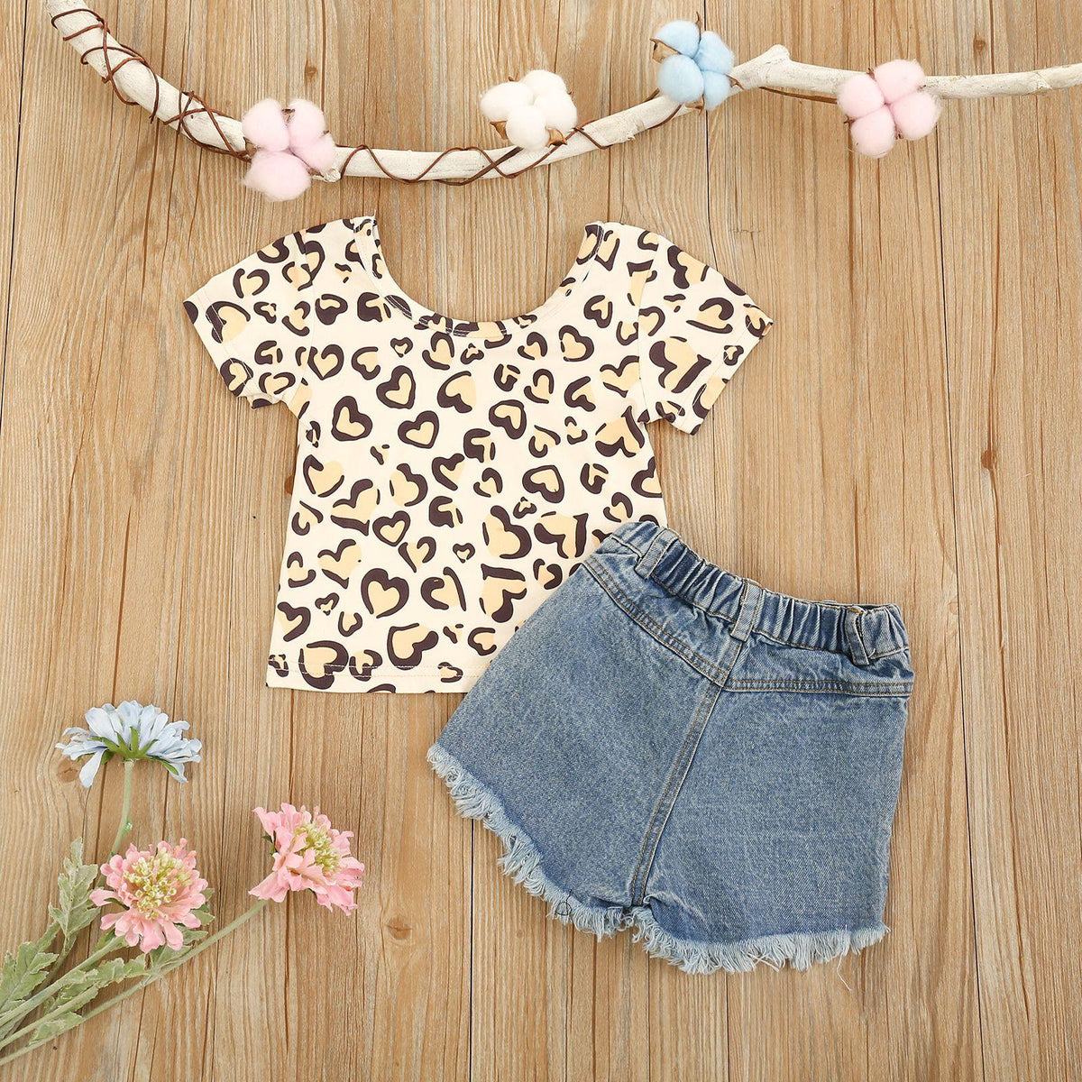 Toddler Kids Girls Love Leopard Print T-shirt Denim Shorts Set - PrettyKid