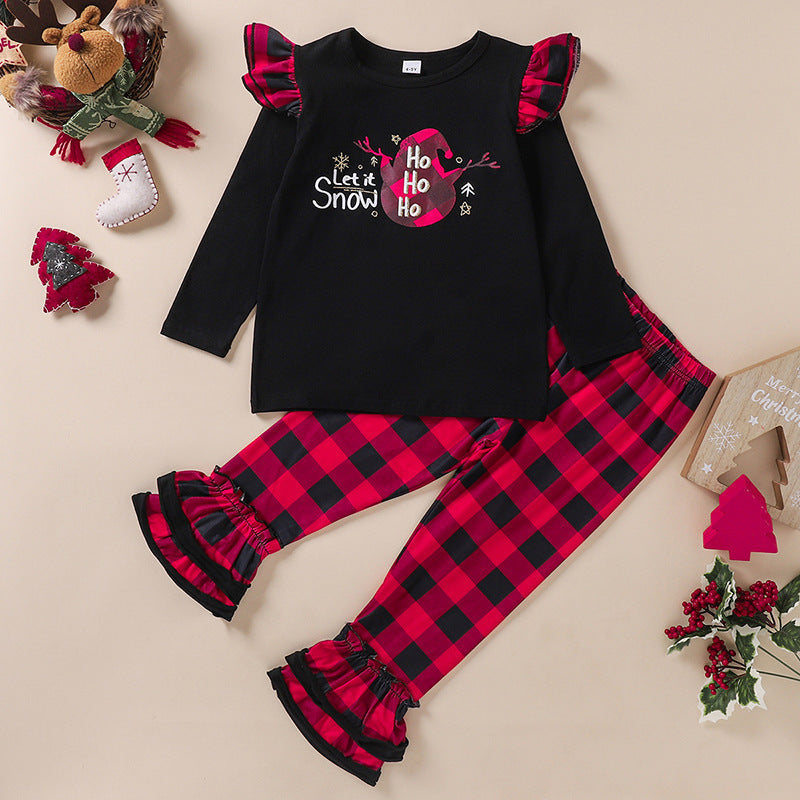 Toddler Kids Christmas Suit Cartoon Printed Round Neck Long Sleeve Plaid Trousers - PrettyKid