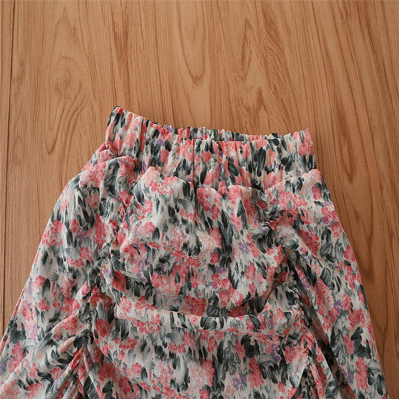 Toddler Kids Girls White Short Sleeve Square Neck T-shirt Floral Skirt Set Wholesale Girls Dresses - PrettyKid