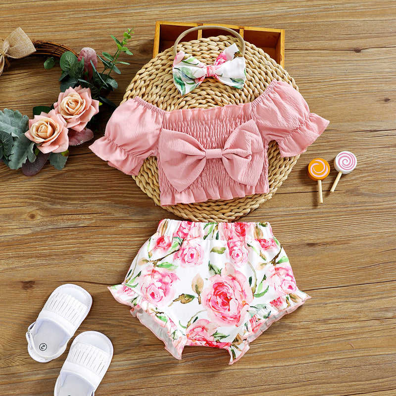9M-4Y Baby Girls Sets Off-Shoulder Smocked Bow Top & Flower Shorts & Headband Wholesale Baby Clothing - PrettyKid