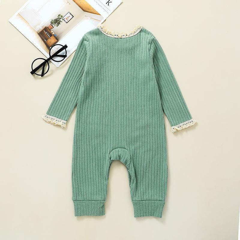 Baby Girls Solid Color Long Sleeve Knit Stripe Jumpsuit - PrettyKid