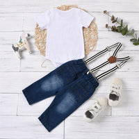 Baby Boys Solid Letter Print Bow Tie Short Sleeve T-shirt Strap Denim Pants Set - PrettyKid