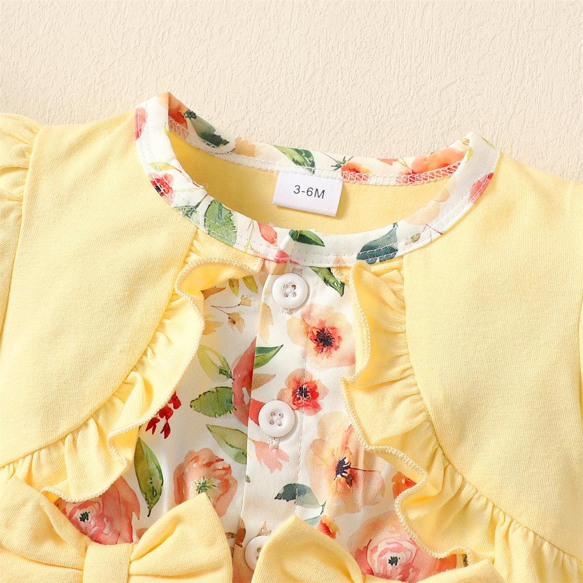 Baby Kids' New Floral Yellow Bubble Sleeve Dress 2-Piece Set