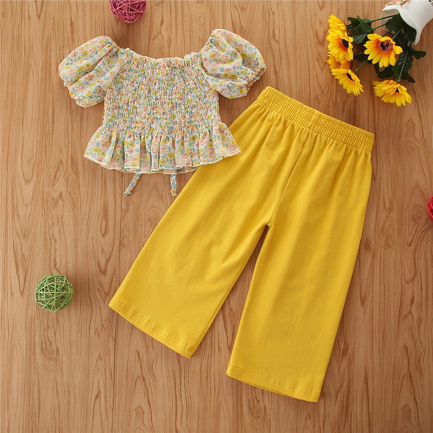 Toddler Kids Girls Two-piece Suit of Floral Chiffon Top Trousers Wholesale Applique Children's Clothing - PrettyKid