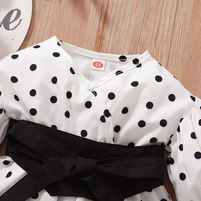 Toddler Girls Polka Dot Waistband Long Sleeve Dress - PrettyKid