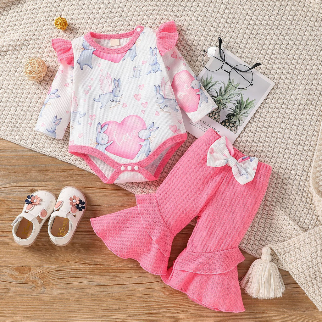 Baby Girls Cute Rabbit Print Long-sleeved Jumpsuit Solid Color Bow Flared Pants Set - PrettyKid