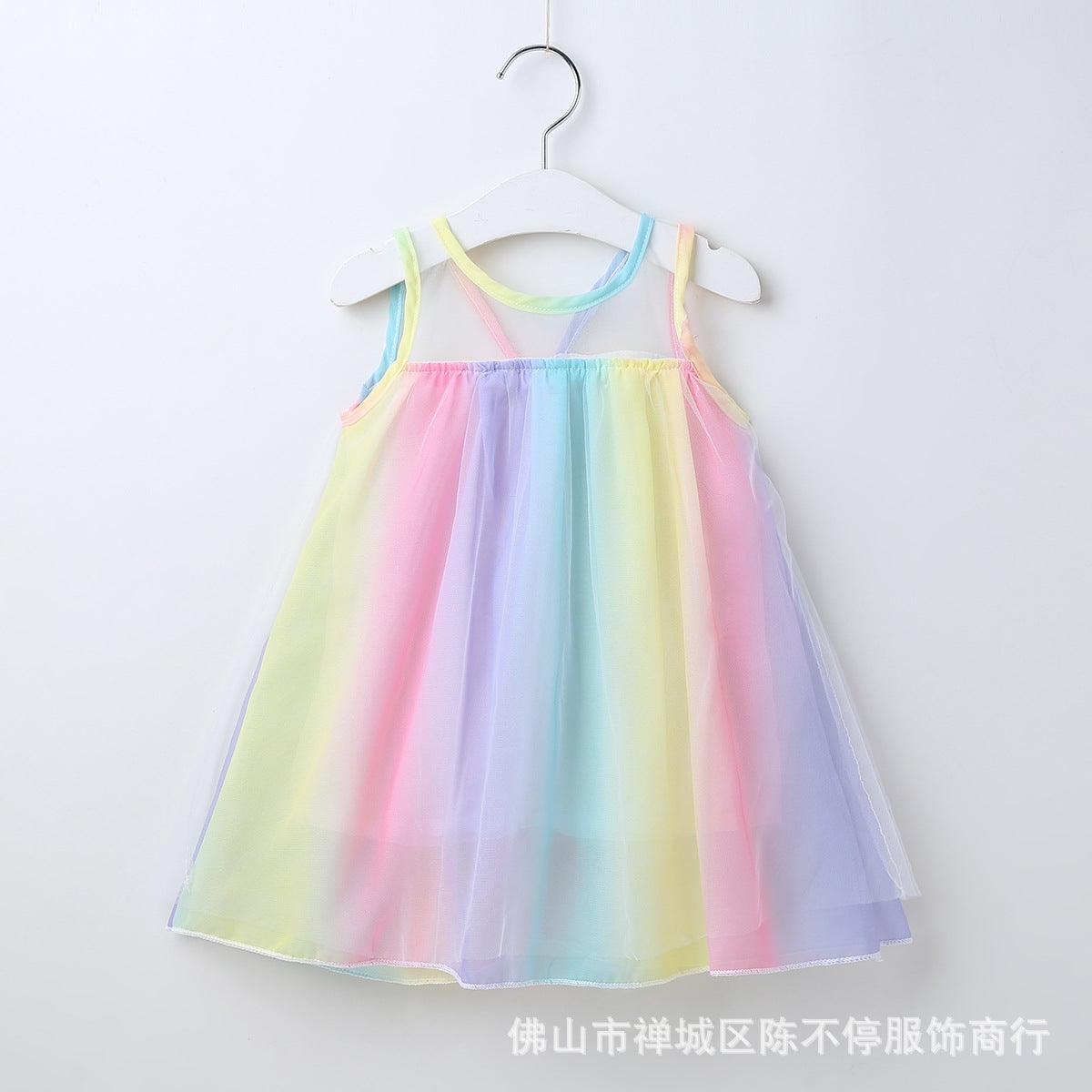 Toddler Kids Summer Sleeveless Rainbow Halter Mesh Dress - PrettyKid