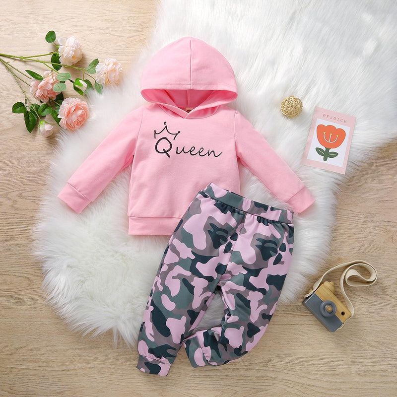 Toddler Girls Long Sleeve Pink Letter Print Camouflage Long Sleeve Hoodie Suit - PrettyKid