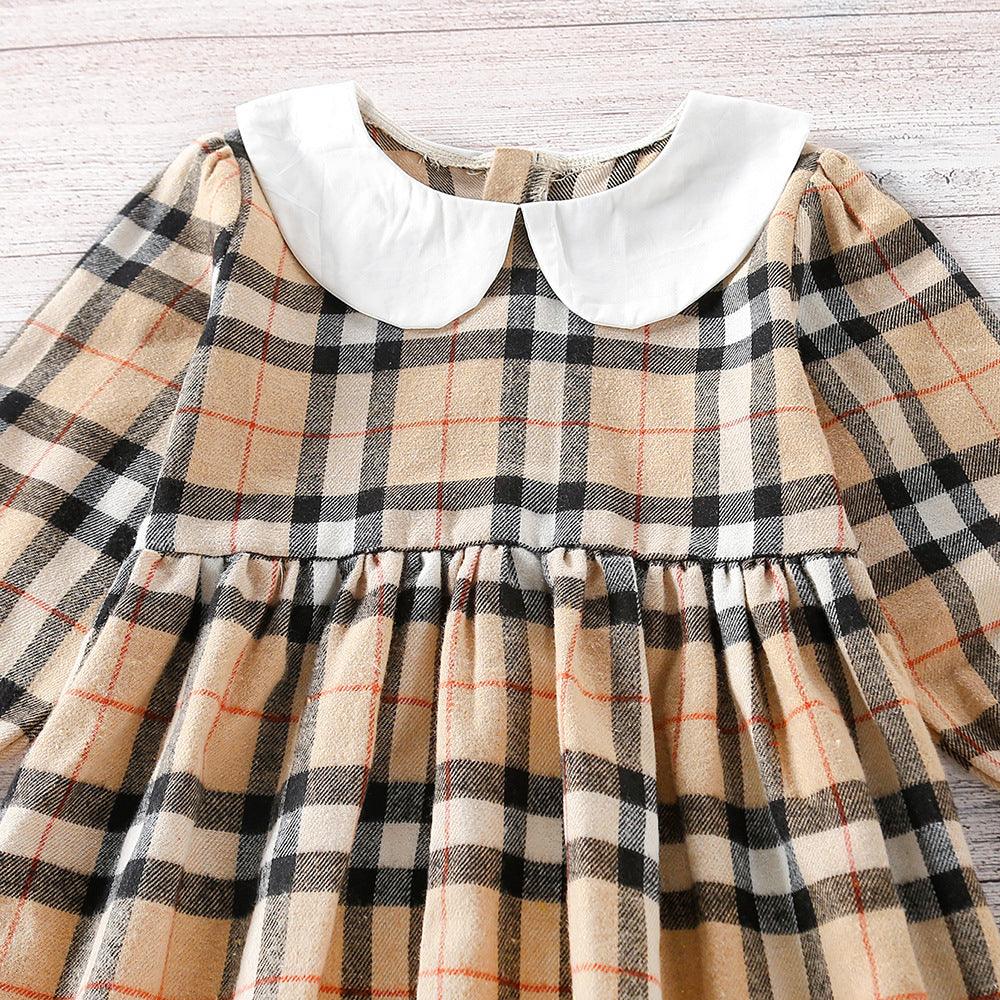 Children Girl's Doll Neck Plaid Long Sleeve Dress - PrettyKid