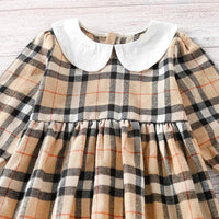 Children Girl's Doll Neck Plaid Long Sleeve Dress - PrettyKid