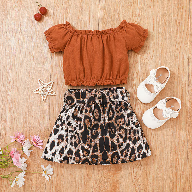 Toddler Kids Girls Solid Letter Short Sleeve Top Leopard Print Skirt Set - PrettyKid