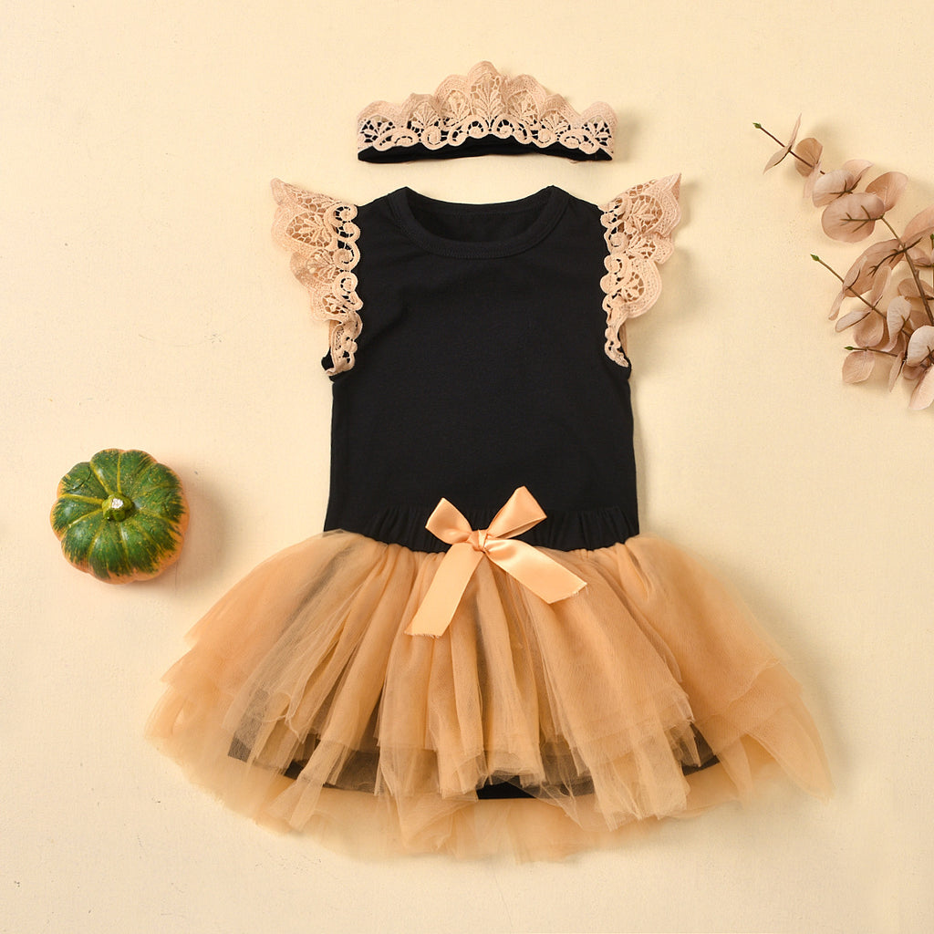 Baby Girls Solid Color Sleeveless Jumpsuit Mesh Short Skirt Lace Crown Headdress Set - PrettyKid