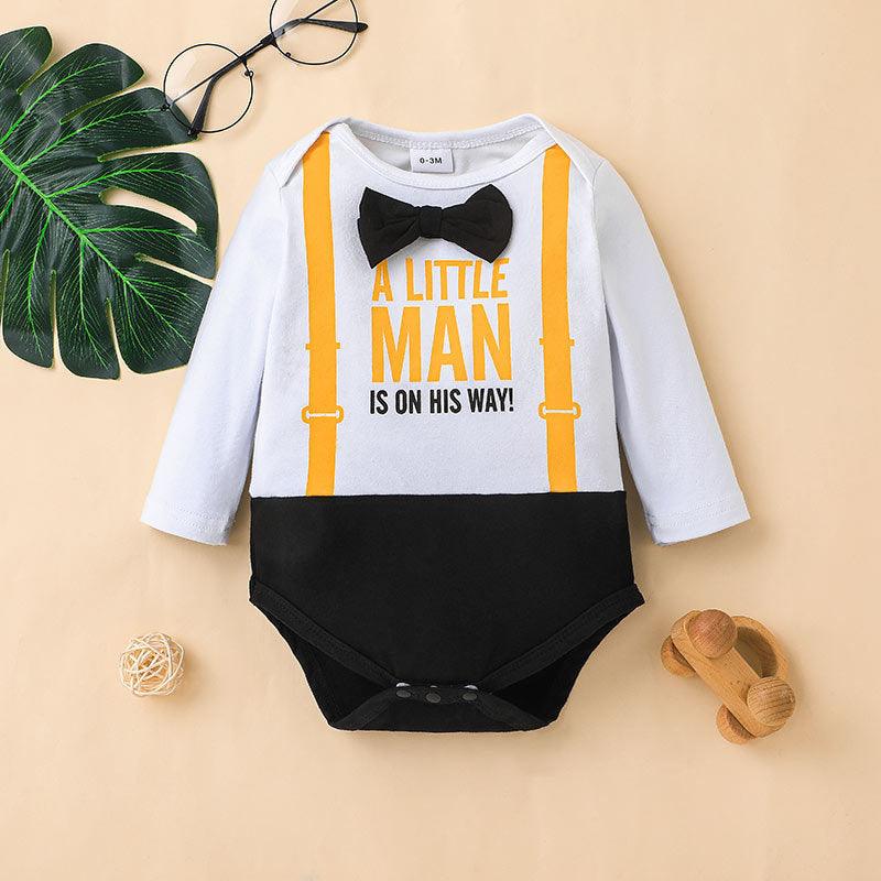 Baby Boys Solid Letter Print Bow Tie Gentleman Jumpsuit - PrettyKid