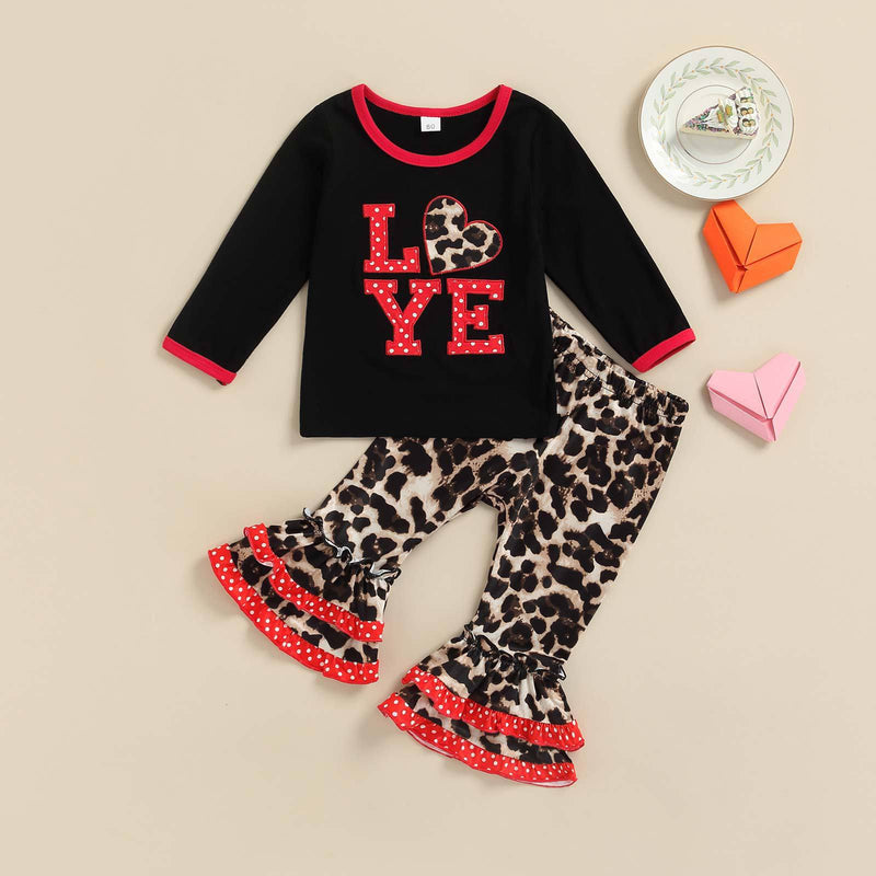 Toddler Kids Girls Solid Love Letter Embroidered Top Leopard Flared Pants Set - PrettyKid
