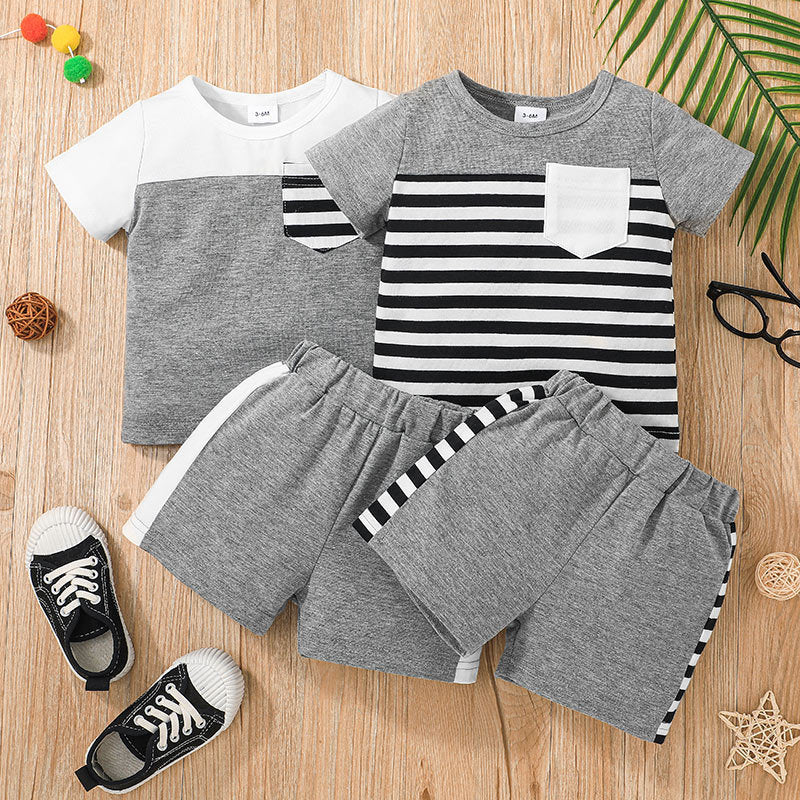 Toddler Boys Solid Striped Printed Short Sleeve T-shirt and Shorts Set - PrettyKid