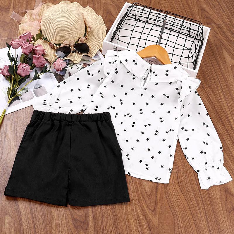 Toddler Kids Girls Solid Color Stars Printed Long-sleeved Shirt Solid Color Short Skirt Set - PrettyKid